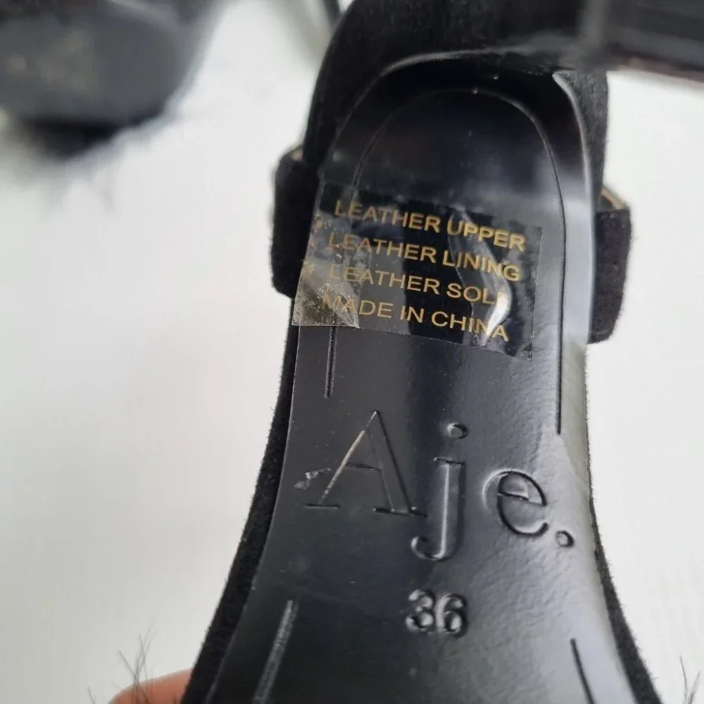 Aje. Black Feather & Suede Open Toe Stilettos Size 36 - Picture 8 of 10